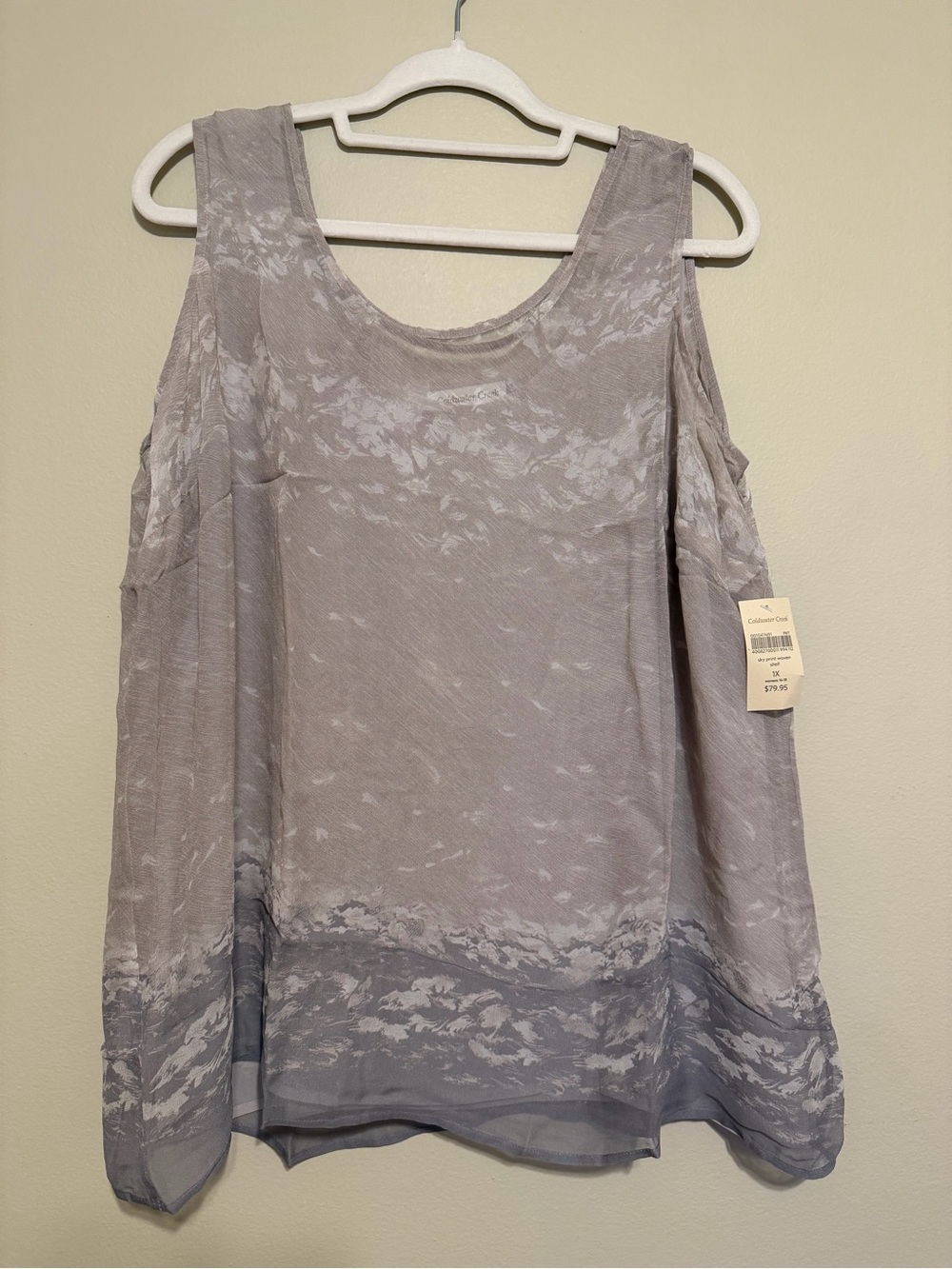 Coldwater Creek 100% Silk Tank Top 1X Gray Floral Print Sheer Overlay